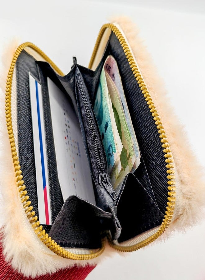 QFSH Coin Purse Credit Card Holder Furry Wallets Cute Wallet for Girls Zipper Coin Purse for Women Mini Coin Pouches with Plush Ball Pendant Wallet (Rice white) - Image 3